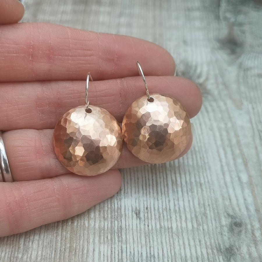 Large Hammered Copper Dome Disc Earrings with Sterling Silver Hooks
