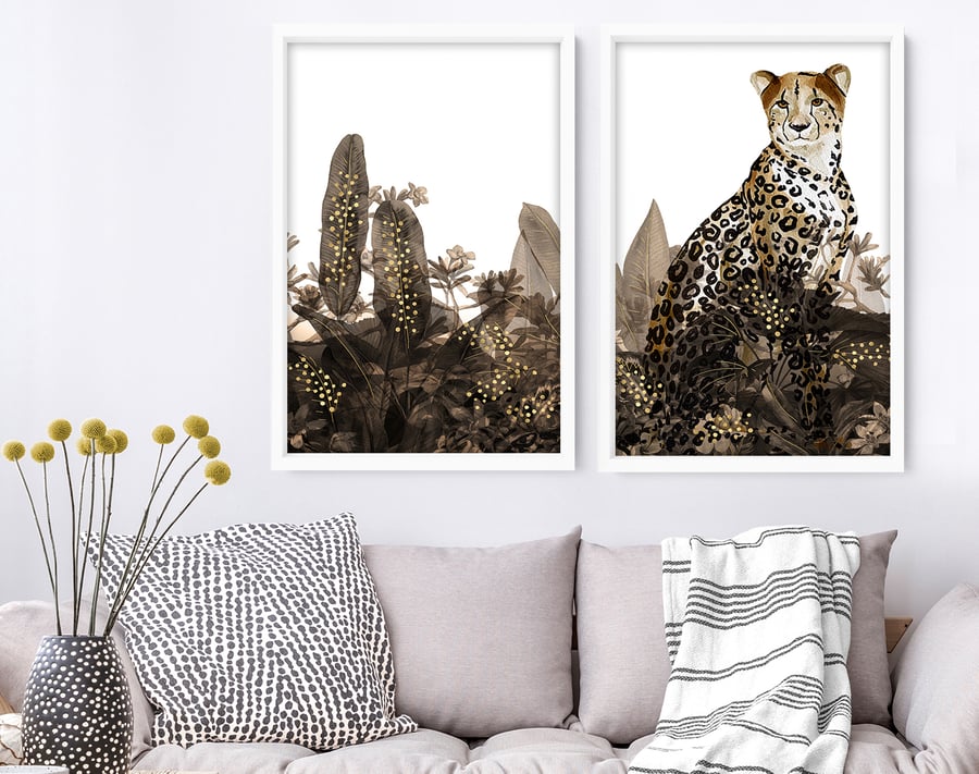 Rainforest wall art Set of 2 Art prints, Office Decor wall art, Tropical Gold 