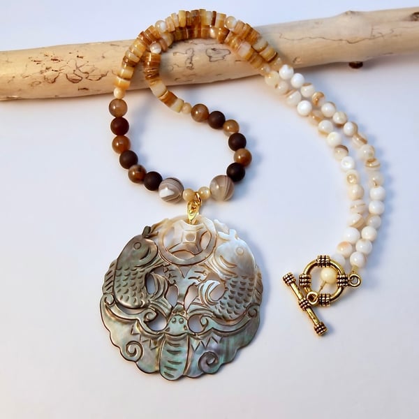 Mother Of Pearl Pendant On Agate And Shell Necklace - Handmade In Devon