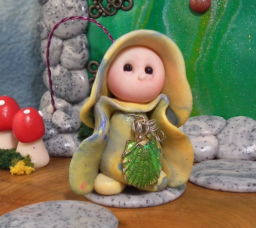 Tiny Garden Gnome 'Mae' with sparkly shell OOAK Sculpt Ann Galvin