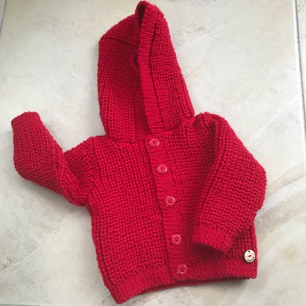 Hand knitted Red Hooded Cardigan to fit up to 9 months