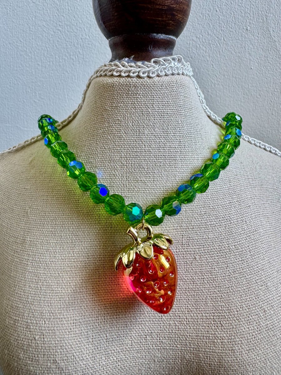 Handmade Green 8mm Glass Bead Necklace with Red Strawberry Pendant