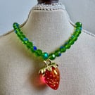 Handmade Green 8mm Glass Bead Necklace with Red Strawberry Pendant