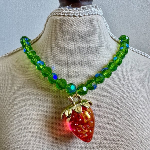 Handmade Green 8mm Glass Bead Necklace with Red Strawberry Pendant