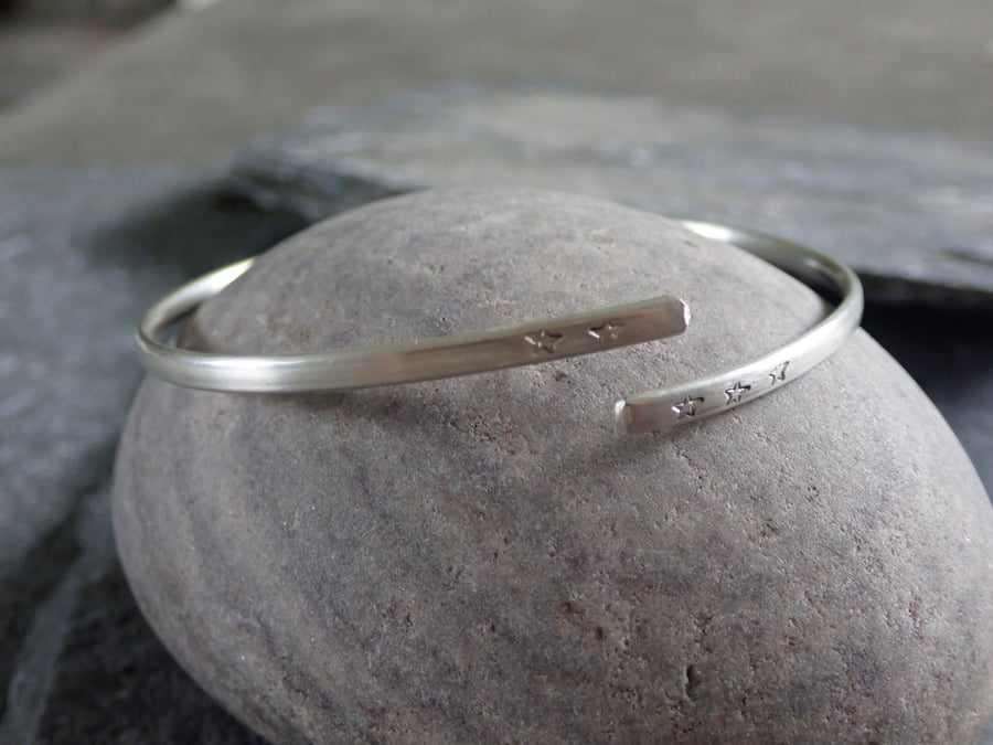 Star Narrow Bangle, Recycled Sterling Silver, Hand Stamped
