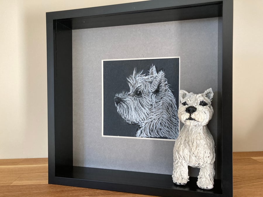 Animal ceramic sculpture and pastel sketch - Framed Miniature 