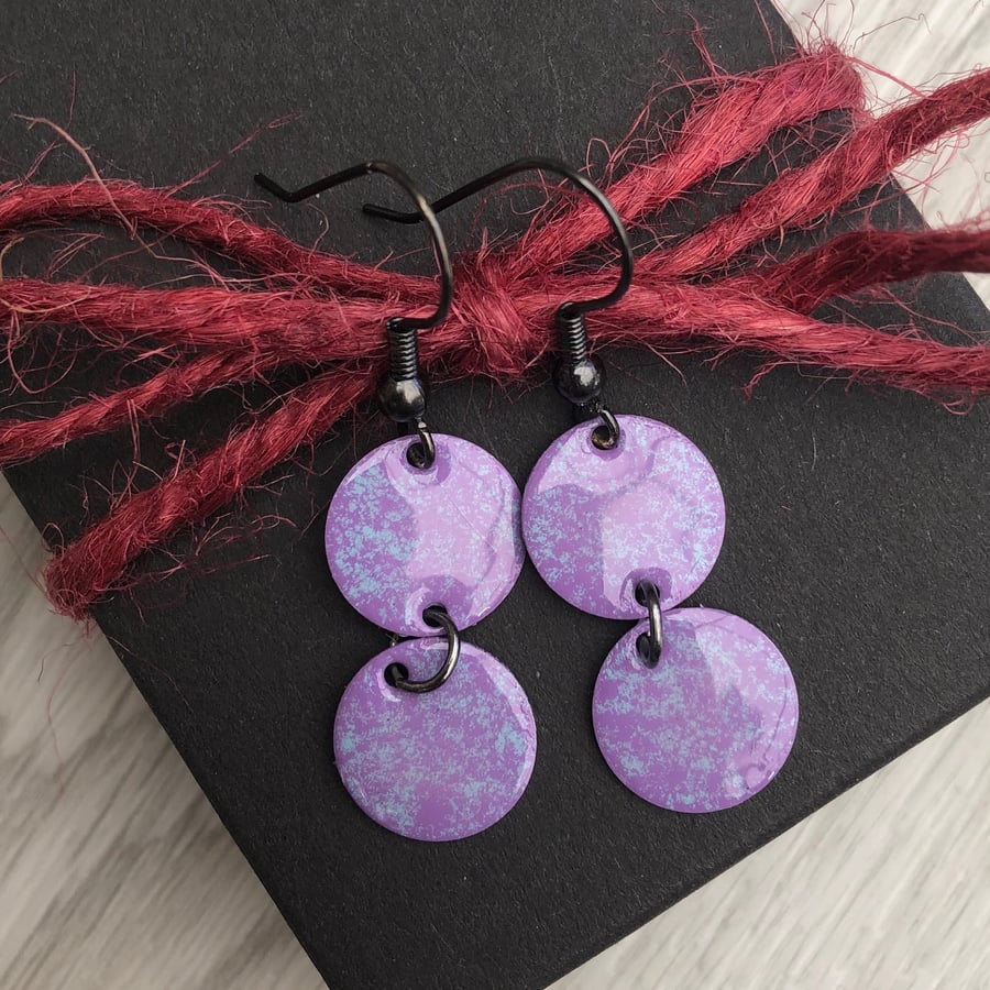 Double drop enamel earrings, purple & turquoise 