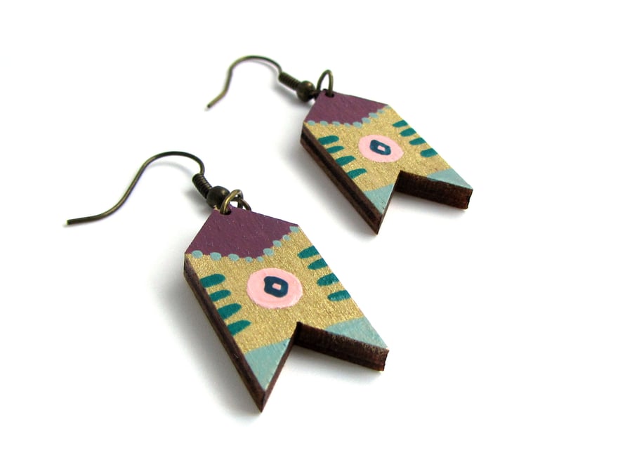 Gold and Purple Painted Folk Style Chevron Drop Earrings
