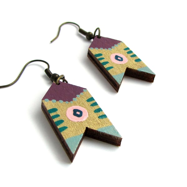 Gold and Purple Painted Folk Style Chevron Drop Earrings