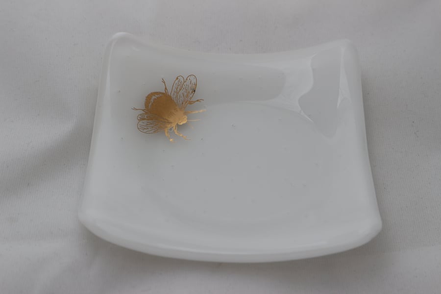 RESERVED Handmade  fused glass trinket bowl or soap dish - gold bee on white