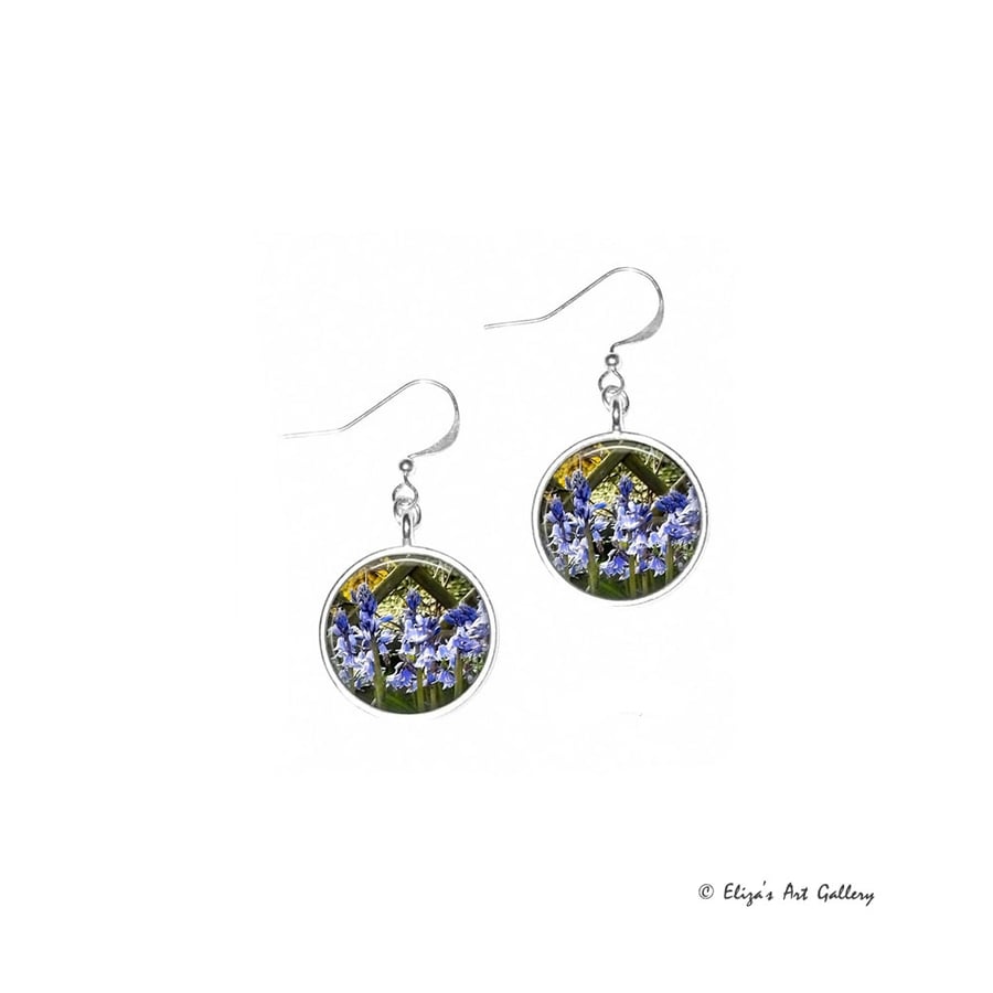 Silver Plated Bluebell Photo Cabochon Earrings