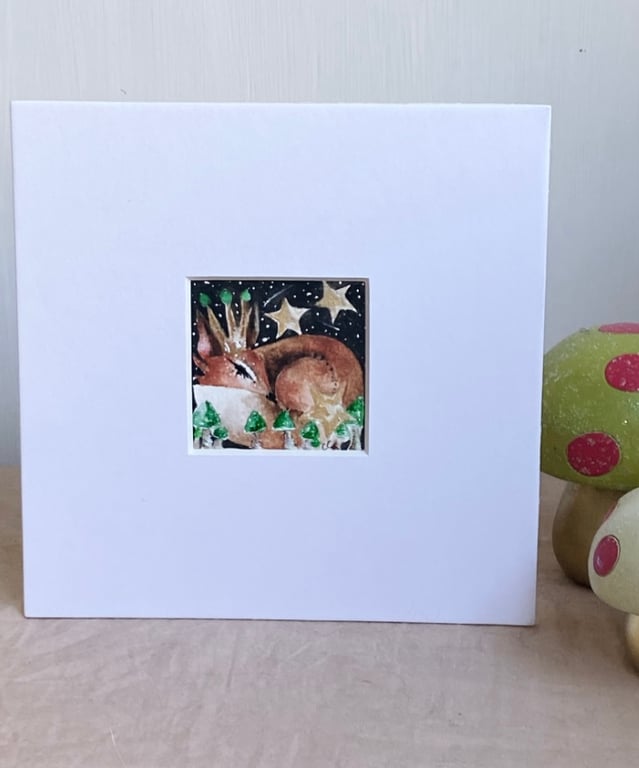 Mounted Original Resting Fox with Mushrooms Watercolour 