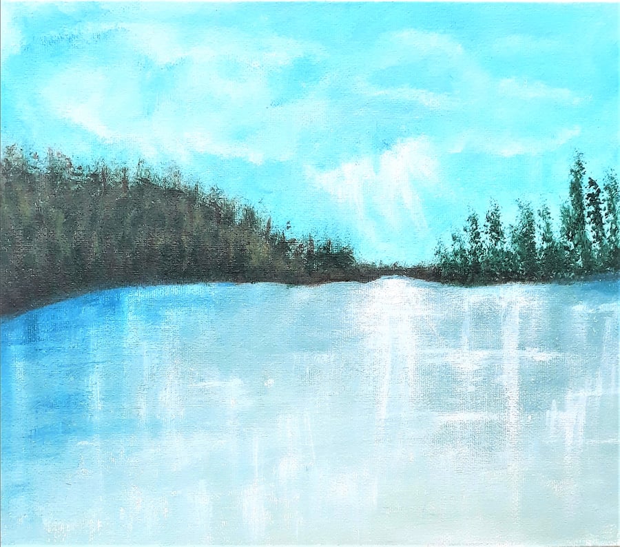 Frozen Lake Painting, Turquoise Winter Landscape, Ready Framed Acrylic Art