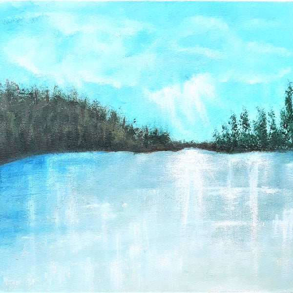 Frozen Lake Painting, Turquoise Winter Landscape, Ready Framed Acrylic Art