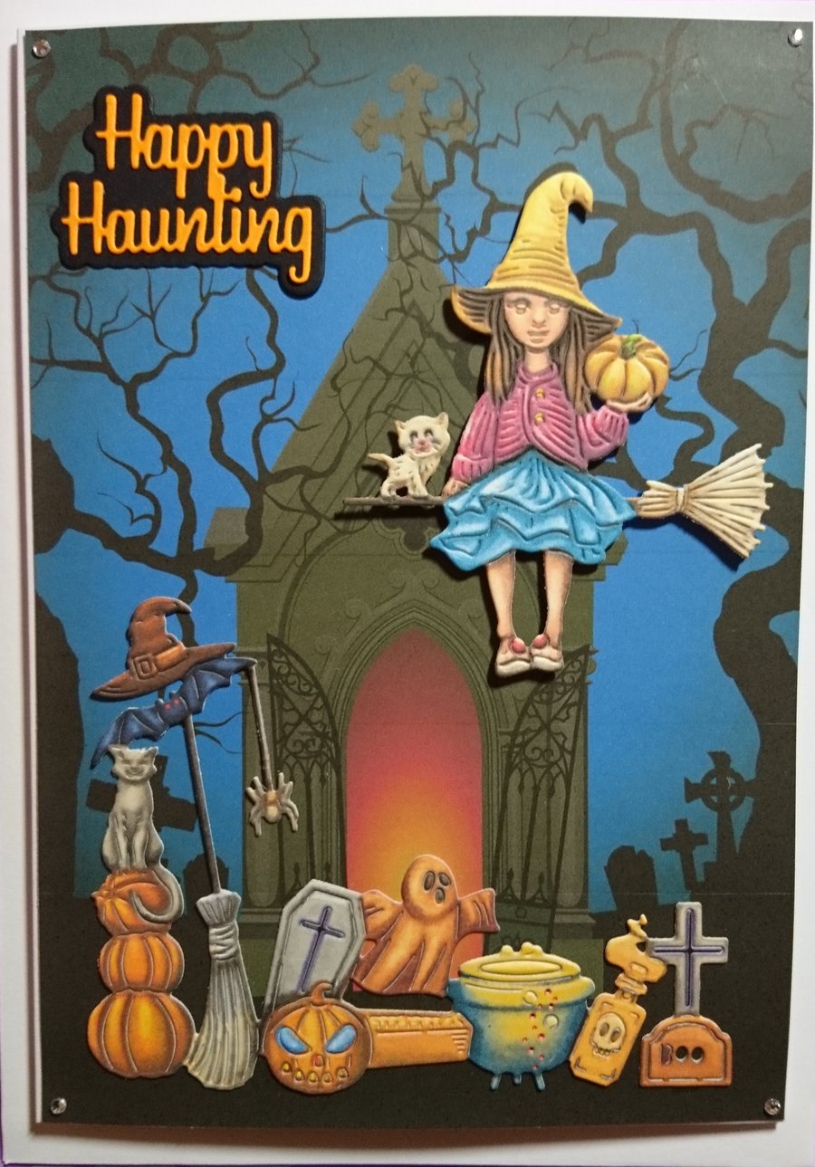 Happy Haunting Halloween Card Witch Cats Graveyard Spooky Crypt 3D Luxury