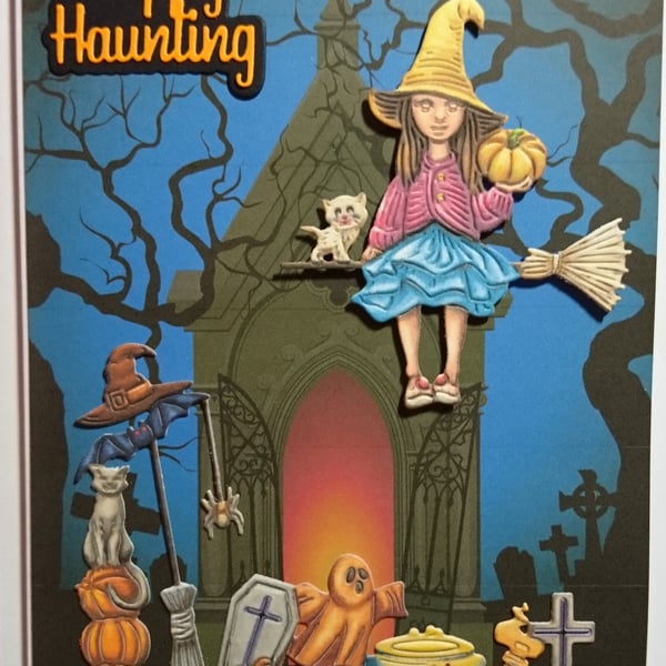 Happy Haunting Halloween Card Witch Cats Graveyard Spooky Crypt 3D Luxury