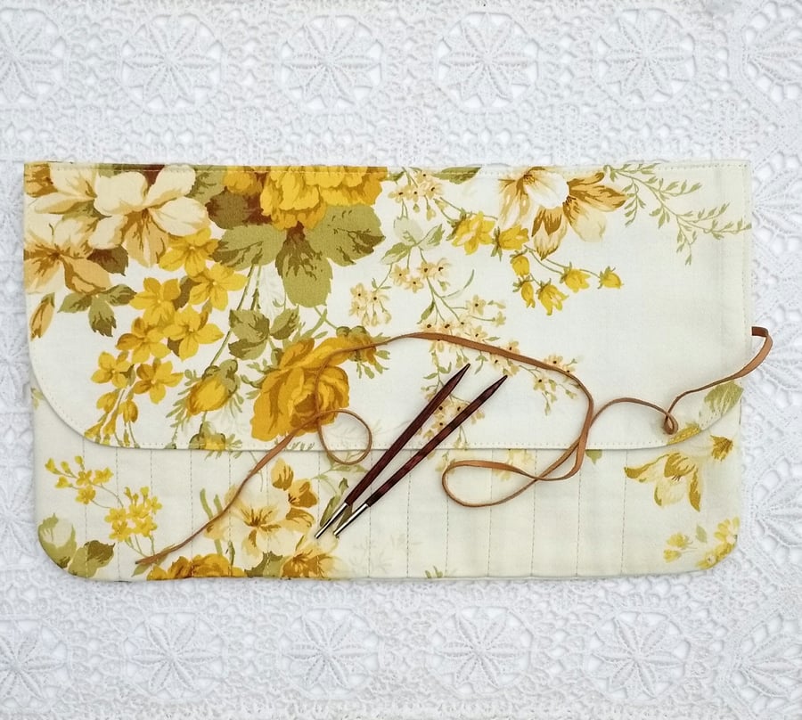 Vintage yellow floral print knitting needle wrap