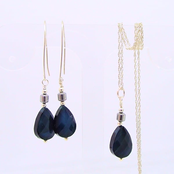 Dark teal crystal necklace and earring set sterling silver chain