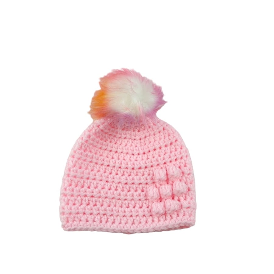 Pink baby crocheted hat white faux fur pompom with orange purple & pink 