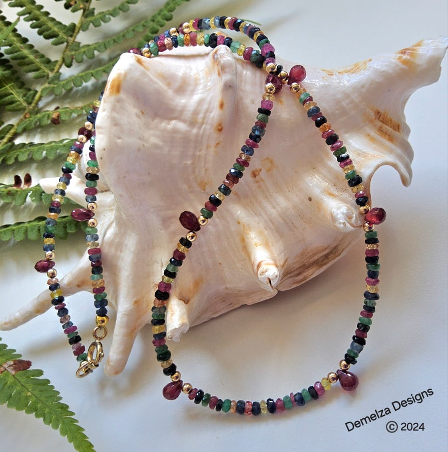 Designer African Ruby, Ombre Sapphires, Emerald, Necklace 'ONE OFF' 9k Gold