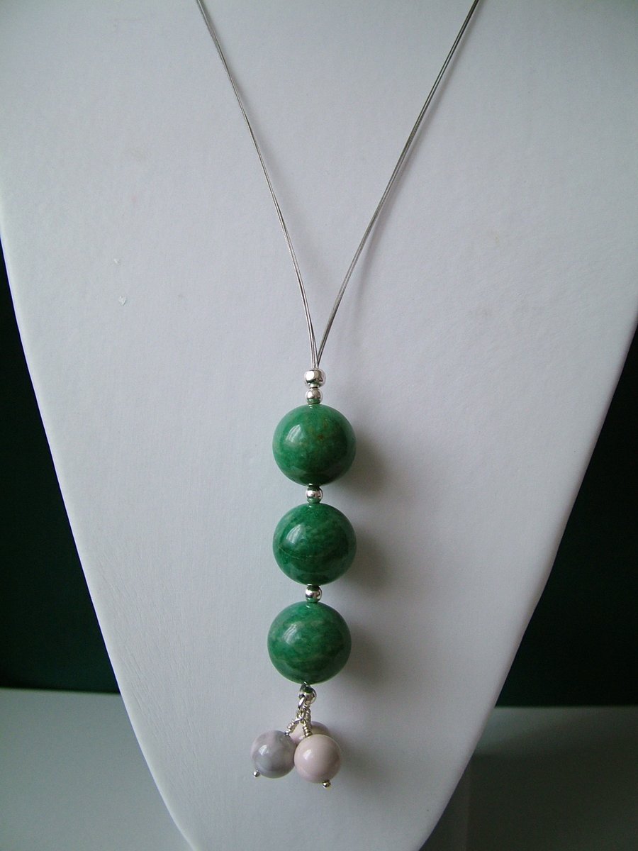 White Malachite & Amazonite Long Drop Necklace  - Handmade 