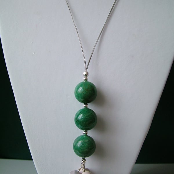 White Malachite & Amazonite Long Drop Necklace  - Handmade 