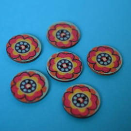 Wooden Mandala Patterned Buttons Red Yellow Orange Aqua Flower 6pk 25mm (22)