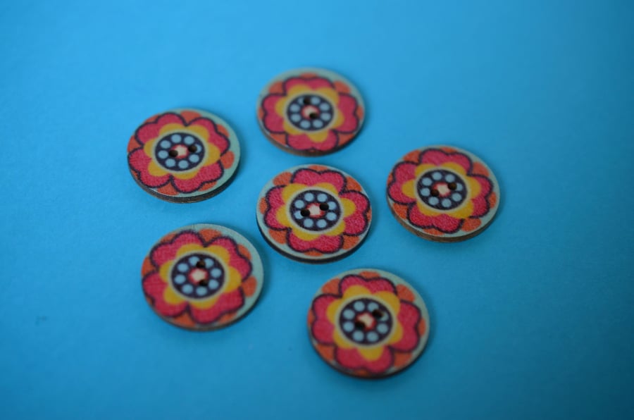 Wooden Mandala Patterned Buttons Red Yellow Orange Aqua Flower 6pk 25mm (M22)