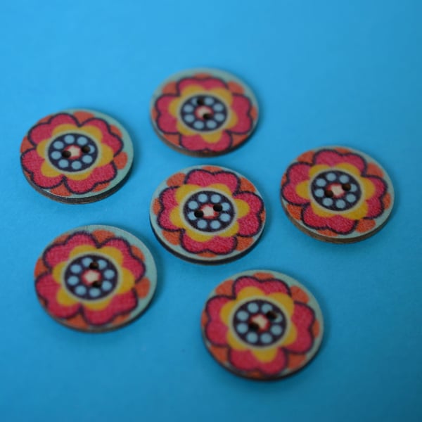 Wooden Mandala Patterned Buttons Red Yellow Orange Aqua Flower 6pk 25mm (M22)