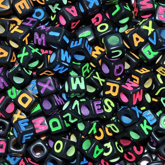 7mm black cube Acrylic Alphabet Beads, 50 - 100 beads, colourful single A-Z & mi
