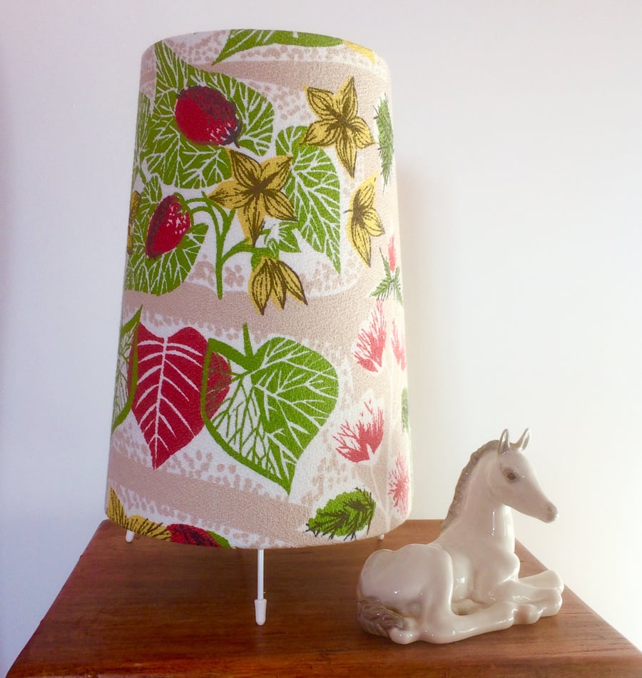 Lovely 50s MCM Strawberry and Leaf BARKCLOTH VIntage Fabric Lampshade option 