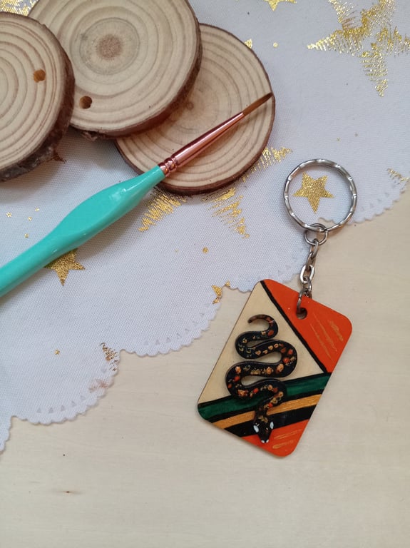 Wooden rectangular black snake keyring 
