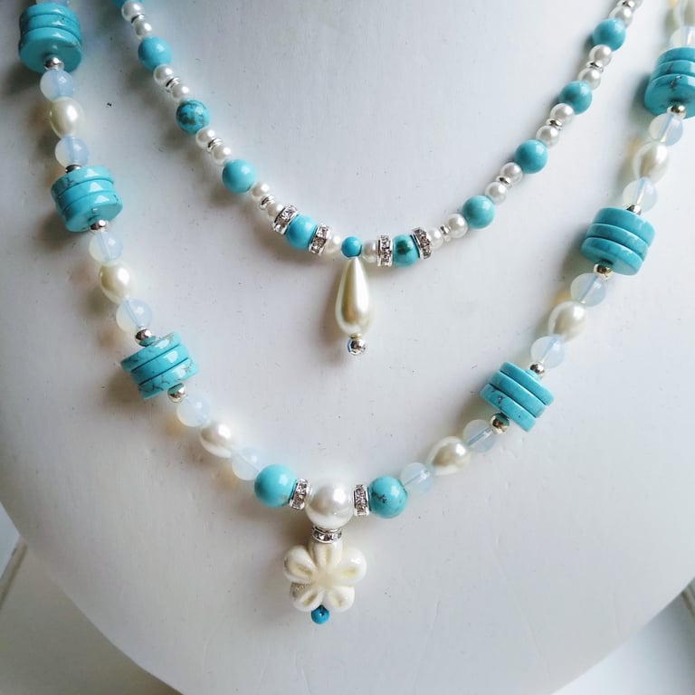 Turquoise And Pearl Beaded Multi Strand Necklace