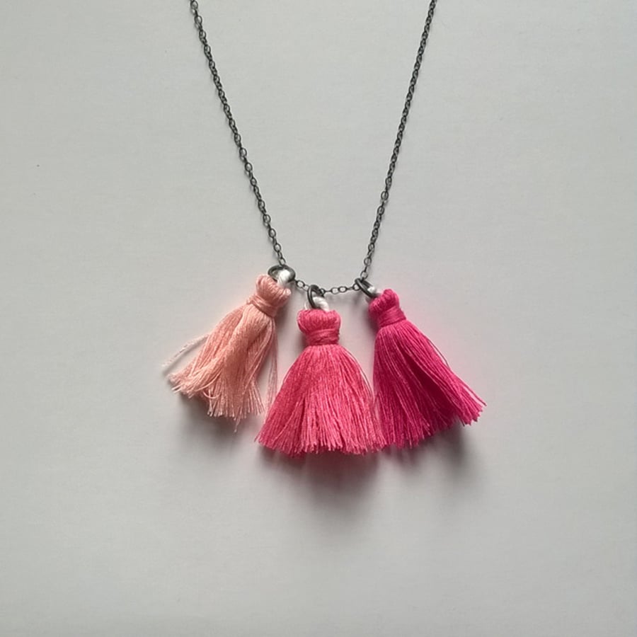 Three Pink Ombre Tassels Necklace - handmade jewellery