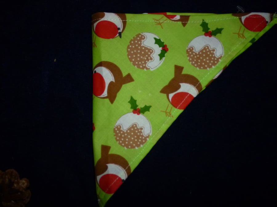 Dog bandanas -christmas design - lime green with robins and puddings