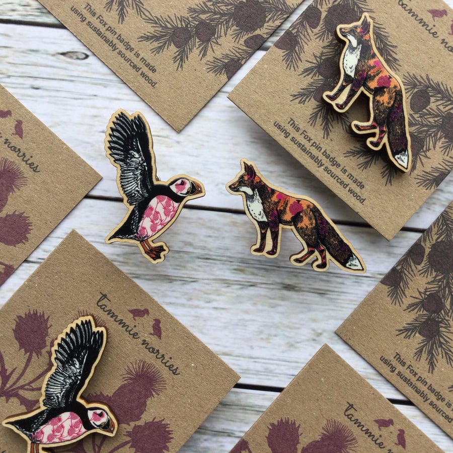 Pin Badge, Animal Pin Badge, Puffin Pin Badge, Fox Pin Badge, Wooden Pin Badge