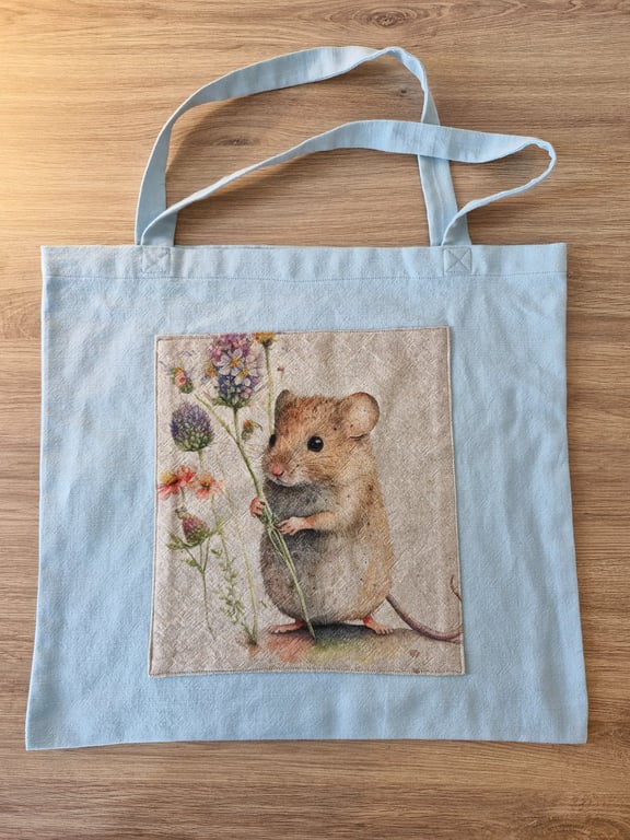 Handmade light blue field mouse tote bag 