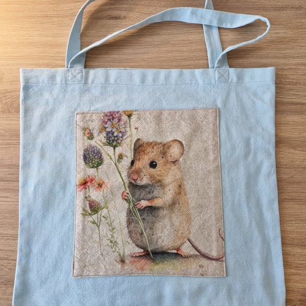Handmade light blue field mouse tote bag 