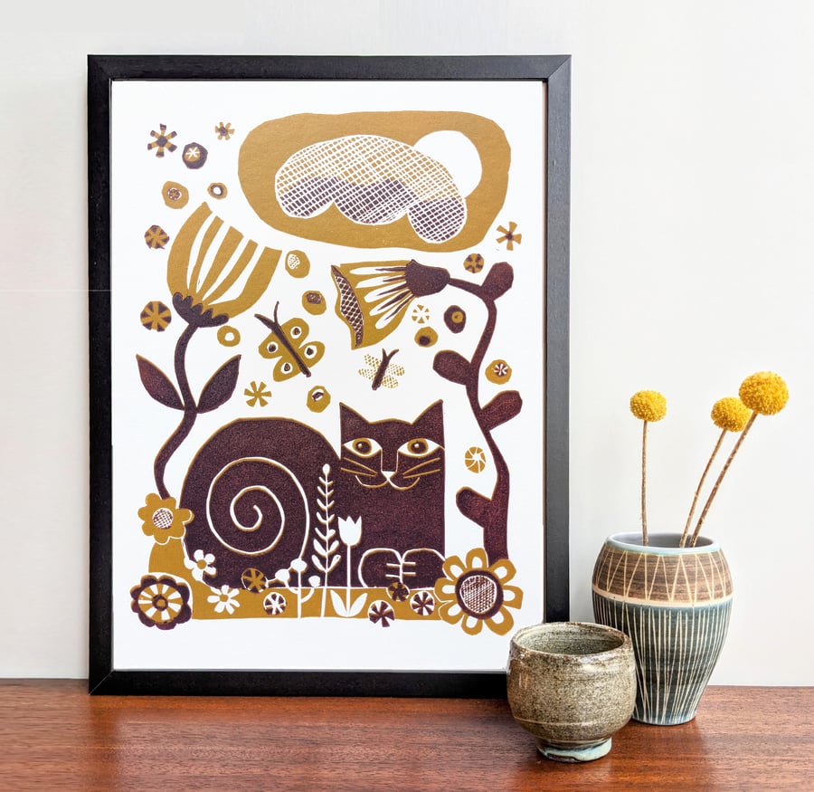 Cat in the Garden in Ochre and Maroon