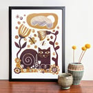 Cat in the Garden in Ochre and Maroon