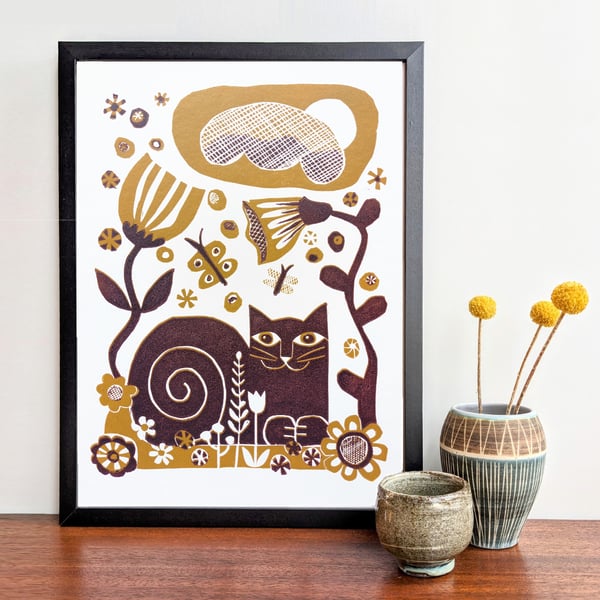 Cat in the Garden in Ochre and Maroon