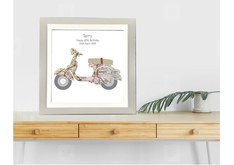 Handmade Map Picture featuring an iconic Vespa Scooter - Handcut Framed Picture