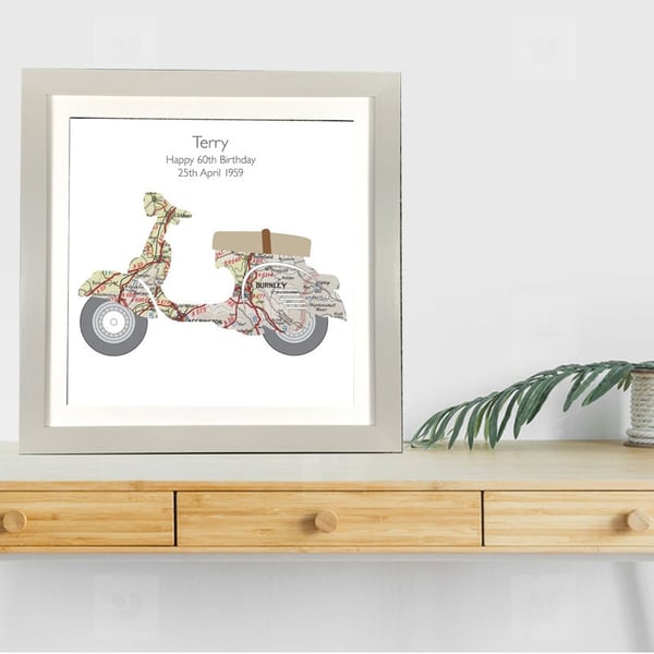 Handmade Map Picture featuring an iconic Vespa Scooter - Handcut Framed Picture