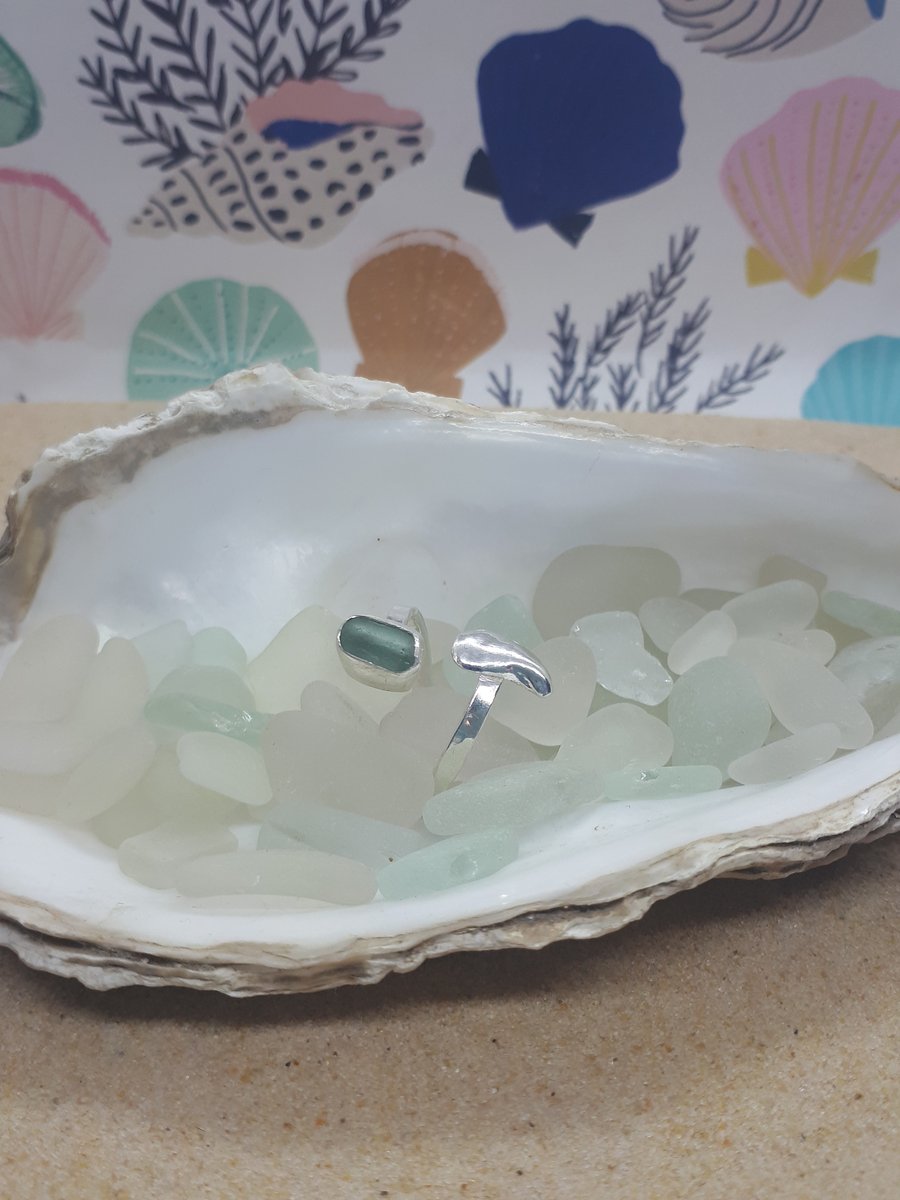 Light teal grey sea glass and mussel adjustable ring 