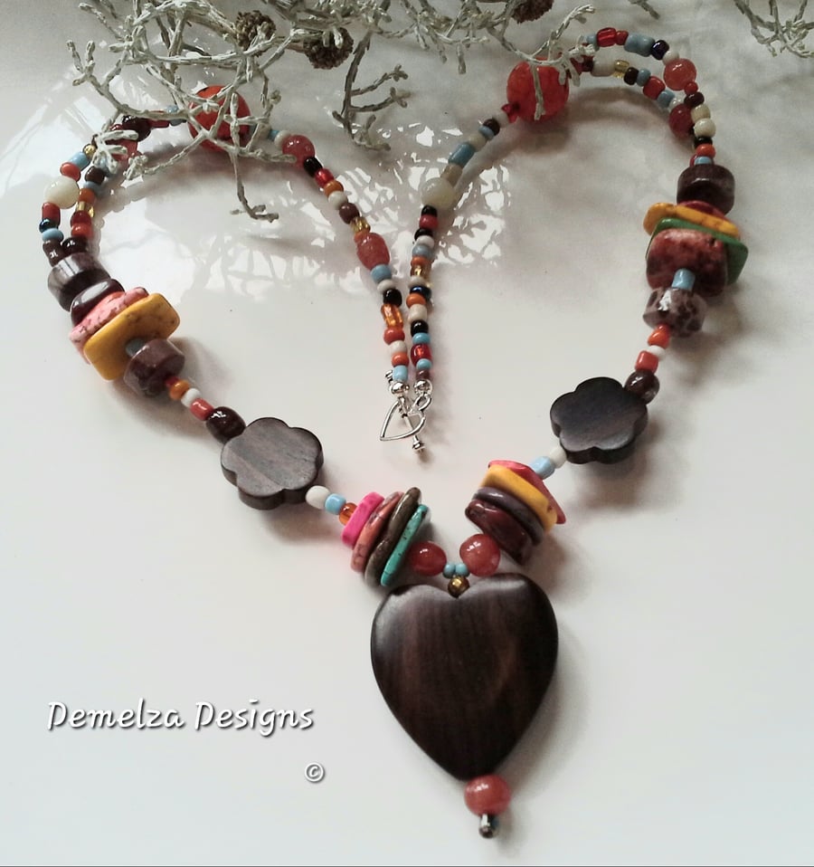Tibetan Style Wooden Heart, Howlite, Jasper & Seed Bead Necklace 