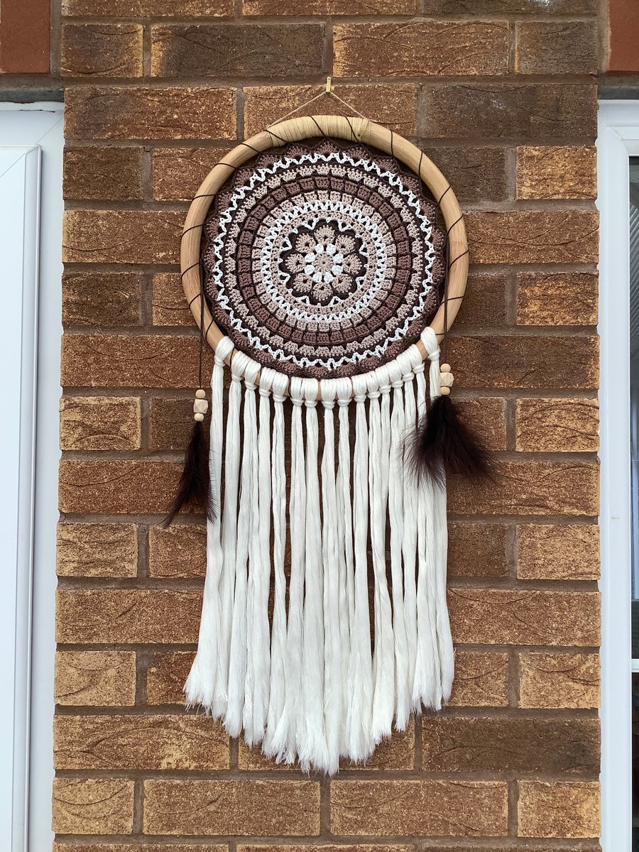 Crochet Dreamcatcher Wall Hanging in a Rattan Hoop