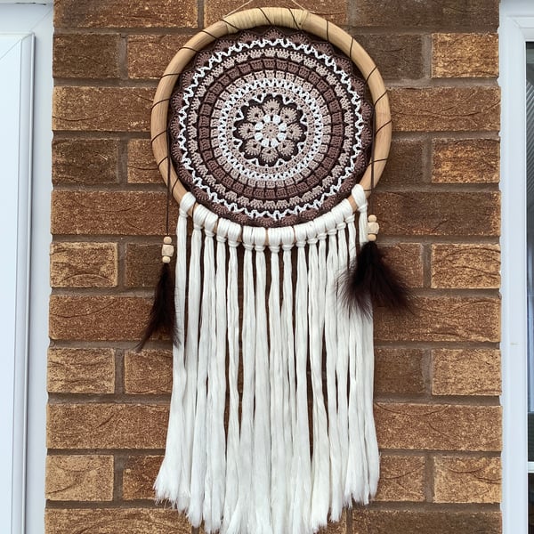 Crochet Dreamcatcher Wall Hanging in a Rattan Hoop