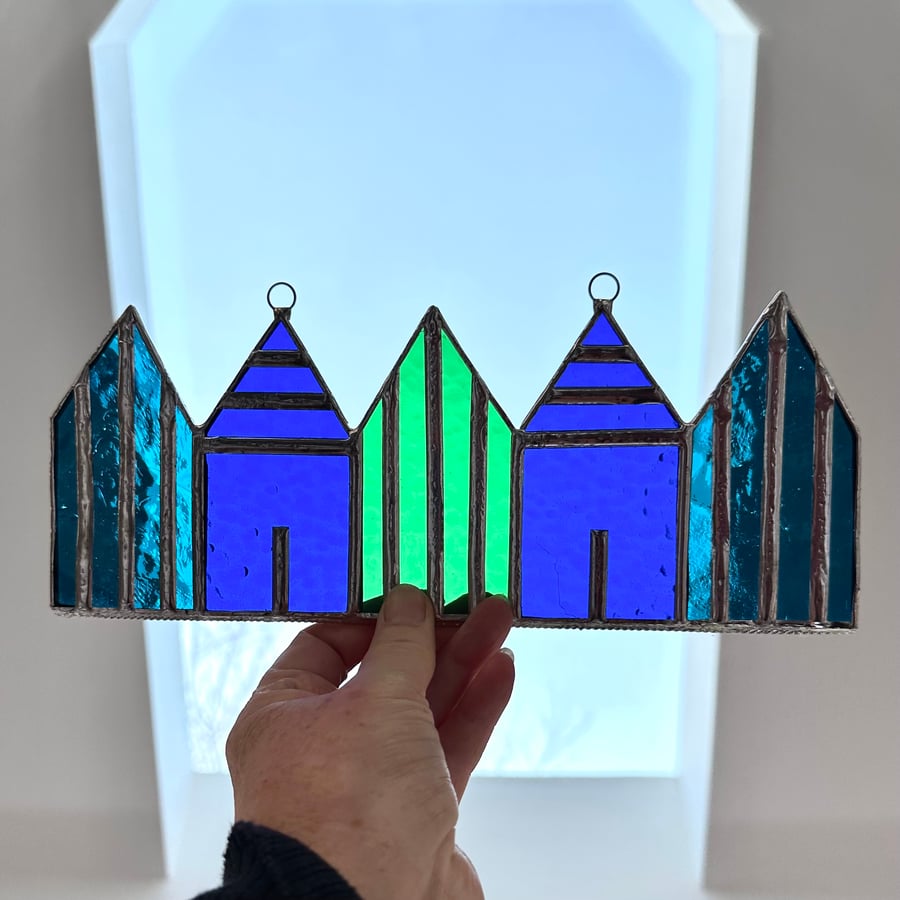 Stained Glass Suncatcher Beach Huts - Handmade Decoration - Blue Turq