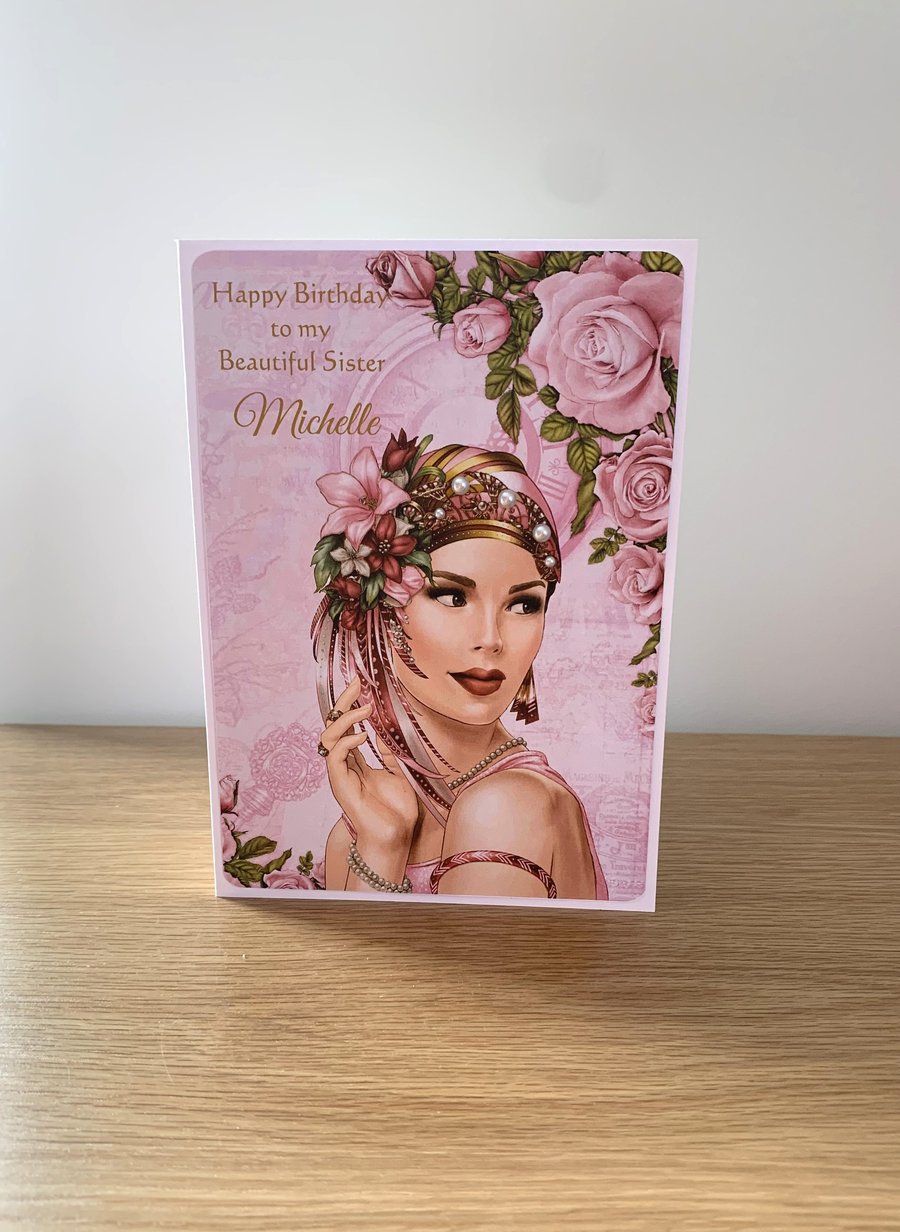 Handmade Personalised Art Deco Birthday Card. Michelle