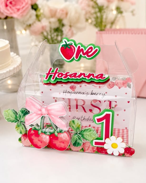Personalised Strawberry First Birthday Party Box Set of 6